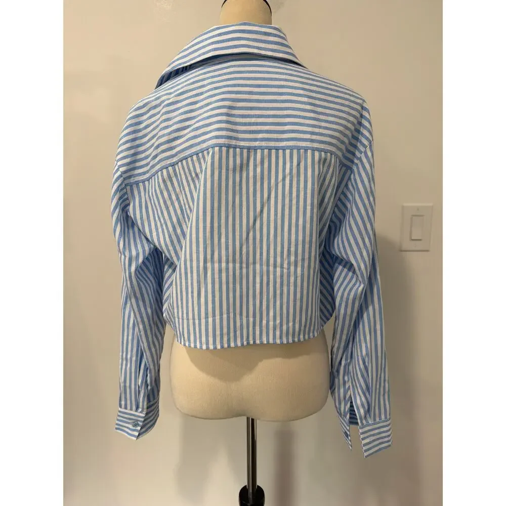 NWT Commense Matching Set Pinstripe Blue & White Crop Button Down & Short Size S